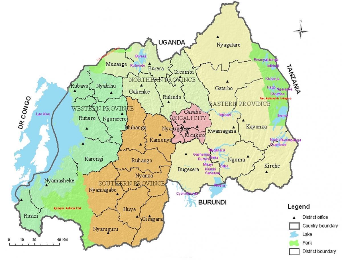 kaart Rwanda linnaosade ja sektorid